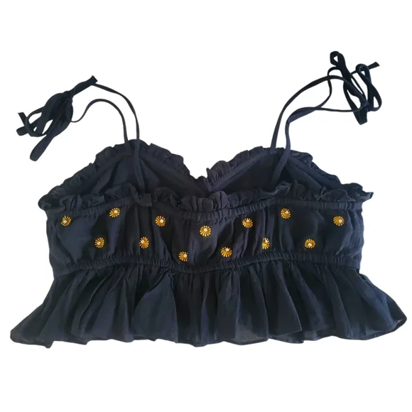 🔥FREE PEOPLE Intimately Free On A Star‎ Black Rhinestone Ruffle Cropped Cami  S - Picture 4 of 11